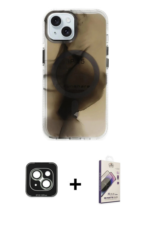iPhone 15 Kılıf Ufuk Doku Prime - Siyah Bilvis 3D Mat Cam Ekran Koruyucu + Yeşil PVD Metal Kame