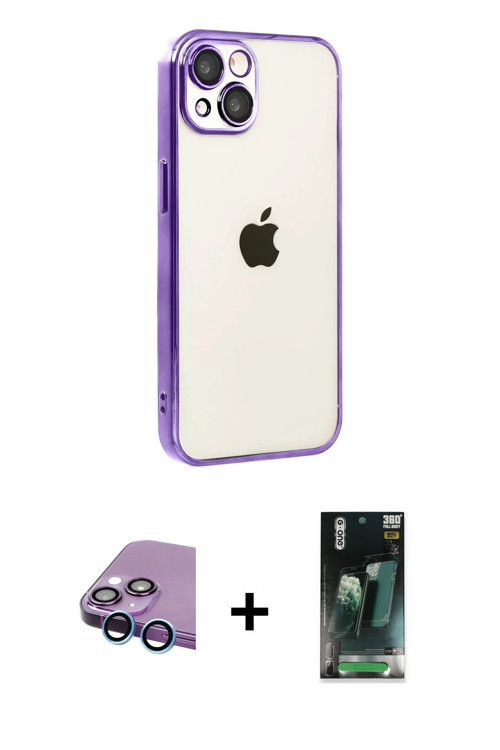iPhone 15 Kılıf Vadi Minimal - Şeffaf 360 Full Body Arka Koruyucu + Mavi Raze Metal Kamera Lens