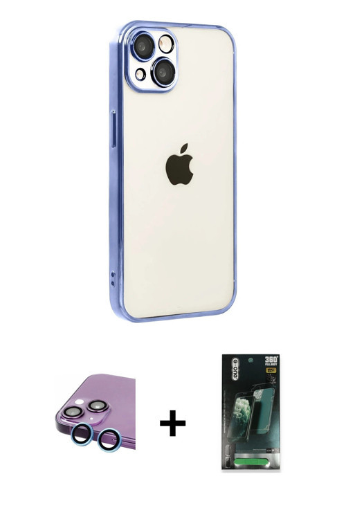 iPhone 15 Kılıf Vadi Minimal - Şeffaf 360 Full Body Arka Koruyucu + Mavi Raze Metal Kamera Lens