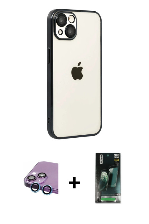 iPhone 15 Kılıf Vadi Minimal - Şeffaf 360 Full Body Arka Koruyucu + Mavi Raze Metal Kamera Lens