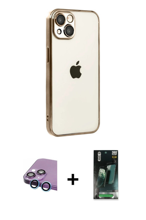 iPhone 15 Kılıf Vadi Minimal - Şeffaf 360 Full Body Arka Koruyucu + Mavi Raze Metal Kamera Lens
