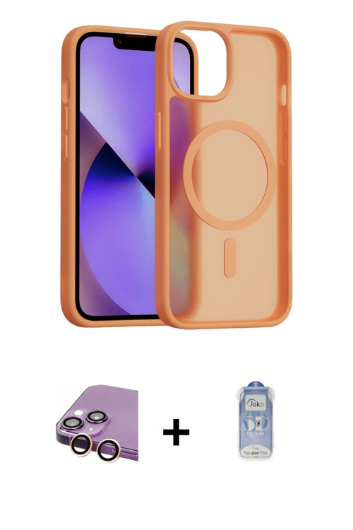 iPhone 15 Kılıf Siluet Minimal Prime - Siyah Joko Magic 5D Cam + Pembe Raze Metal Kamera Lens