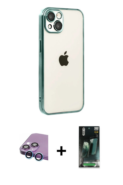 iPhone 15 Kılıf Vadi Minimal - Şeffaf 360 Full Body Arka Koruyucu + Mavi Raze Metal Kamera Lens