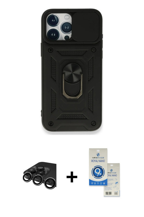 iPhone 15 Pro Kılıf Ahenk Klasik - Şeffaf Royal Nano Ekran Koruyucu + Titanyum Gri Raze Metal K