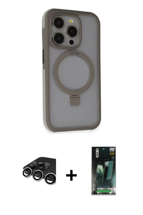 iPhone 15 Pro Kılıf Ahenk Yansıma Özel Seri - Şeffaf 360 Full Body Arka Koruyucu + Gümüş Raze M