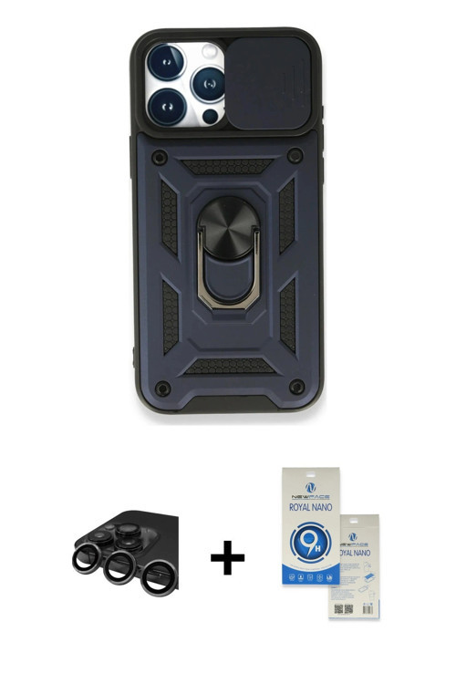 iPhone 15 Pro Kılıf Ahenk Klasik - Şeffaf Royal Nano Ekran Koruyucu + Titanyum Gri Raze Metal K