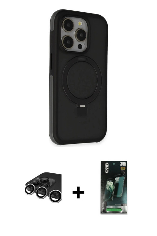 iPhone 15 Pro Kılıf Ahenk Yansıma Özel Seri - Şeffaf 360 Full Body Arka Koruyucu + Gümüş Raze M