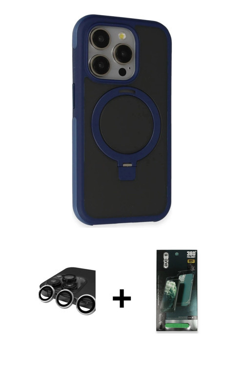 iPhone 15 Pro Kılıf Ahenk Yansıma Özel Seri - Şeffaf 360 Full Body Arka Koruyucu + Gümüş Raze M