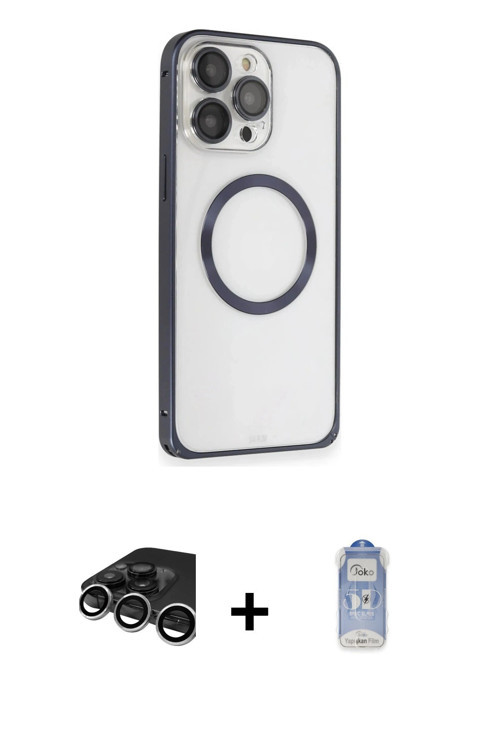 iPhone 15 Pro Kılıf Ahenk Işık Serisi - Siyah Joko Magic 5D Cam + Gümüş Raze Metal Kamera Lens