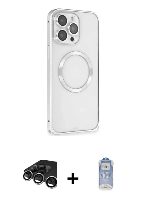 iPhone 15 Pro Kılıf Ahenk Işık Serisi - Siyah Joko Magic 5D Cam + Gümüş Raze Metal Kamera Lens