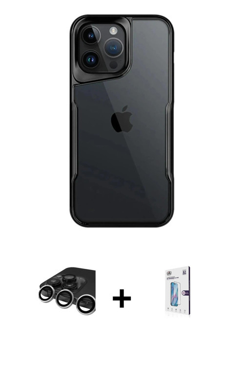 iPhone 15 Pro Kılıf Akış Çizgi Koleksiyonu - Siyah Bilvis 0.18mm Plus Cam Ekran Koruyucu + Gümü