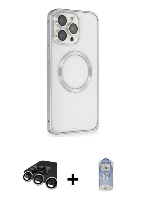 iPhone 15 Pro Kılıf Ahenk Işık Serisi - Siyah Joko Magic 5D Cam + Gümüş Raze Metal Kamera Lens