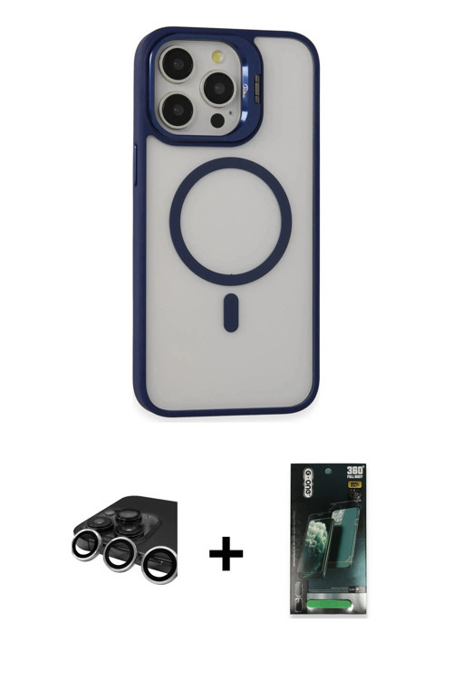 iPhone 15 Pro Kılıf Ahenk Klasik Özel Seri - Şeffaf 360 Full Body Arka Koruyucu + Gümüş Raze Me