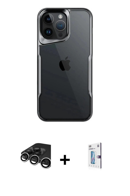 iPhone 15 Pro Kılıf Akış Çizgi Koleksiyonu - Siyah Bilvis 0.18mm Plus Cam Ekran Koruyucu + Gümü