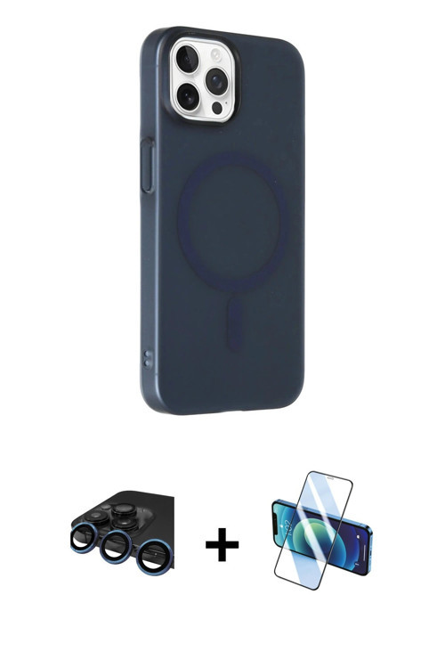iPhone 15 Pro Kılıf Çekirdek Modern Prime - Siyah 3D Antistatik Cam Ekran Koruyucu + Lacivert R