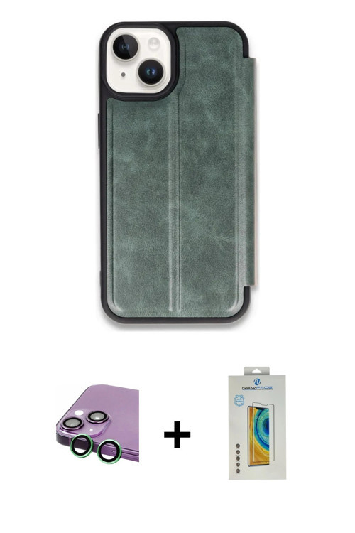 iPhone 15 Kılıf Zirve Yansıma Serisi - Siyah Polymer Nano Ekran Koruyucu + Yeşil Raze Metal Kam