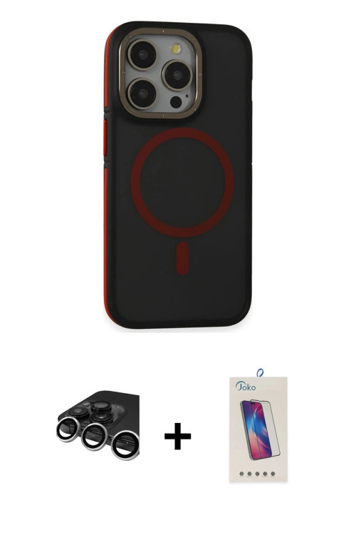 iPhone 15 Pro Kılıf Ahenk Form Serisi - Siyah Joko 5D Cam + Gümüş Raze Metal Kamera Lens