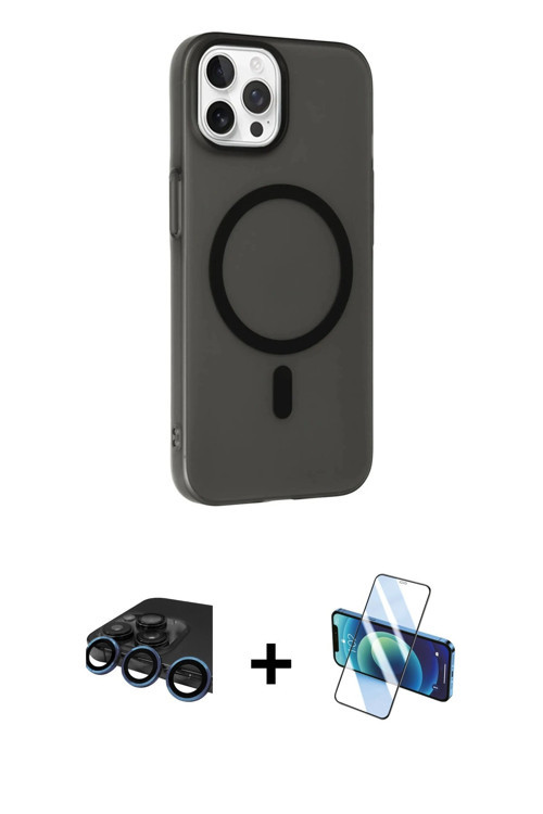 iPhone 15 Pro Kılıf Çekirdek Modern Prime - Siyah 3D Antistatik Cam Ekran Koruyucu + Lacivert R