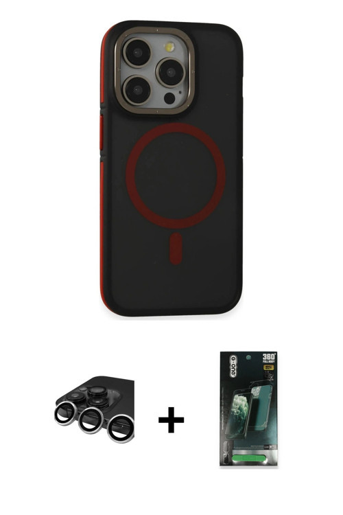 iPhone 15 Pro Kılıf Ahenk Form Serisi - Şeffaf 360 Full Body Arka Koruyucu + Gümüş Raze Metal K