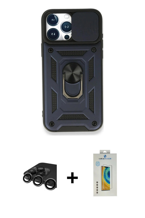 iPhone 15 Pro Kılıf Ahenk Klasik - Siyah Polymer Nano Ekran Koruyucu + Titanyum Gri Raze Metal