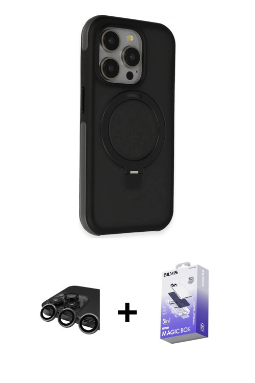 iPhone 15 Pro Kılıf Ahenk Yansıma Özel Seri - Siyah Bilvis 5in1 5D Magic Hayalet Cam Ekran Koru