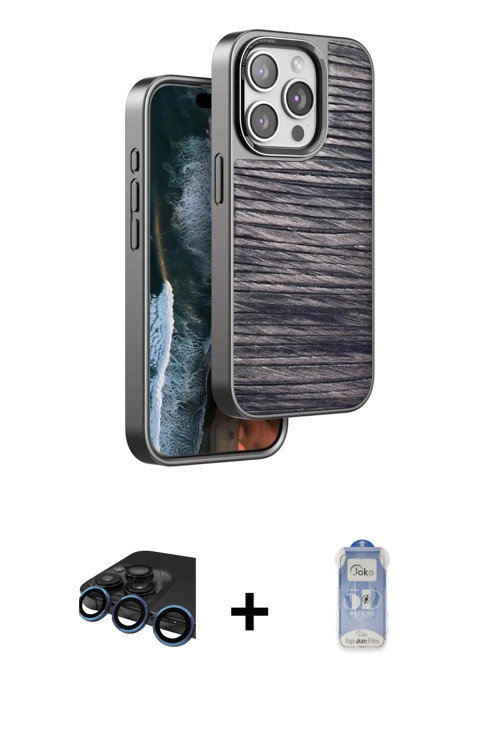 iPhone 15 Pro Kılıf Atlas Minimal Özel Seri - Siyah Joko Magic 5D Cam + Lacivert Raze Metal Kam
