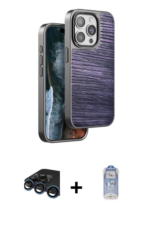 iPhone 15 Pro Kılıf Atlas Minimal Özel Seri - Siyah Joko Magic 5D Cam + Lacivert Raze Metal Kam
