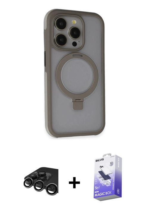 iPhone 15 Pro Kılıf Ahenk Yansıma Özel Seri - Siyah Bilvis 5in1 5D Magic Hayalet Cam Ekran Koru