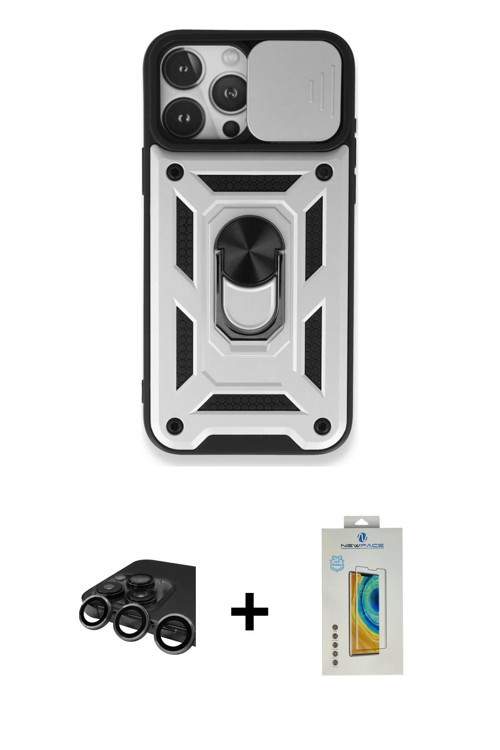 iPhone 15 Pro Kılıf Ahenk Klasik - Siyah Polymer Nano Ekran Koruyucu + Titanyum Gri Raze Metal