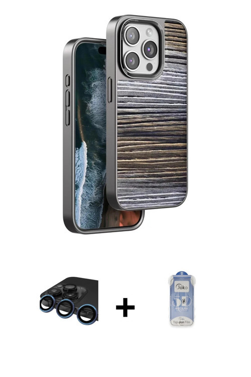 iPhone 15 Pro Kılıf Atlas Minimal Özel Seri - Siyah Joko Magic 5D Cam + Lacivert Raze Metal Kam