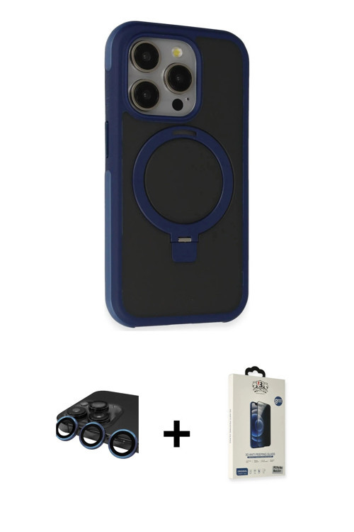 iPhone 15 Pro Kılıf Ahenk Yansıma Özel Seri - Siyah Bilvis Hayalet Cam Ekran Koruyucu + Laciver