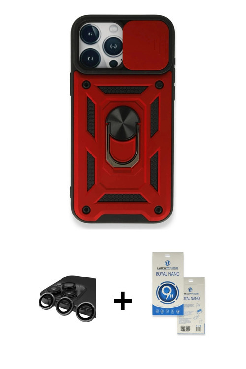 iPhone 15 Pro Kılıf Ahenk Klasik - Şeffaf Royal Nano Ekran Koruyucu + Titanyum Gri Raze Metal K