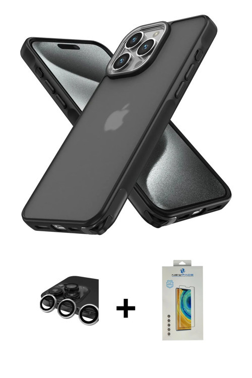 iPhone 15 Pro Kılıf Atlas Form - Siyah Polymer Nano Ekran Koruyucu + Gümüş Raze Metal Kamera Le