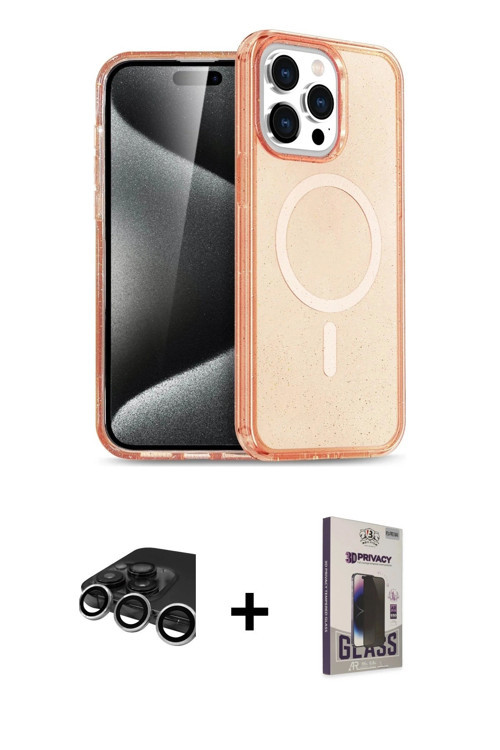 iPhone 15 Pro Kılıf Eksen Doku Koleksiyonu - Siyah Bilvis Hayalet Cam Ekran Koruyucu + Gümüş Ra