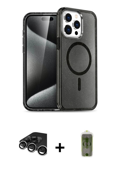 iPhone 15 Pro Kılıf Eksen Doku Koleksiyonu - Siyah Joko Magic 5D Hayalet Cam + Gümüş Raze Metal