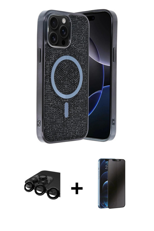 iPhone 15 Pro Kılıf Eksen Çizgi - Siyah 3D Antistatik Hayalet Cam Ekran Koruyucu + Siyah Raze M