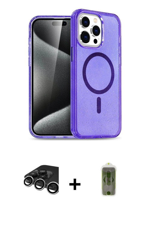 iPhone 15 Pro Kılıf Eksen Doku Koleksiyonu - Siyah Joko Magic 5D Hayalet Cam + Gümüş Raze Metal
