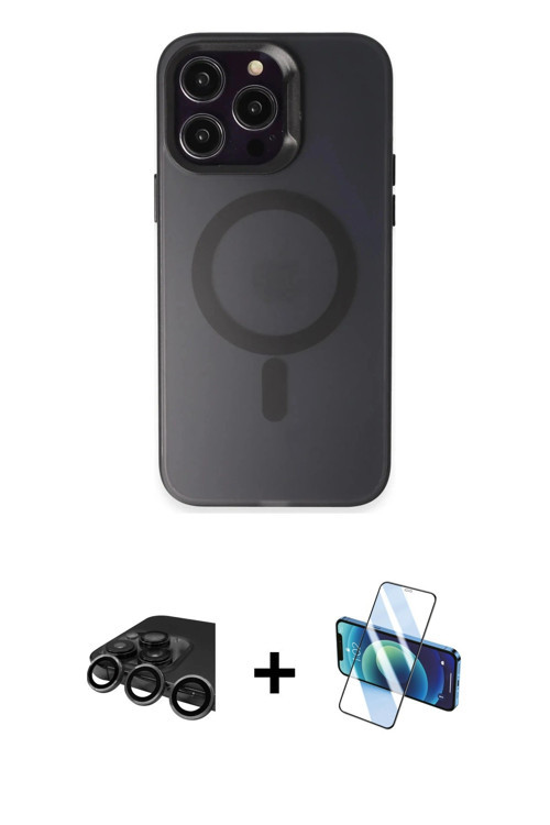 iPhone 15 Pro Kılıf Kozmos Çizgi Prime - Siyah 3D Antistatik Cam Ekran Koruyucu + Titanyum Gri