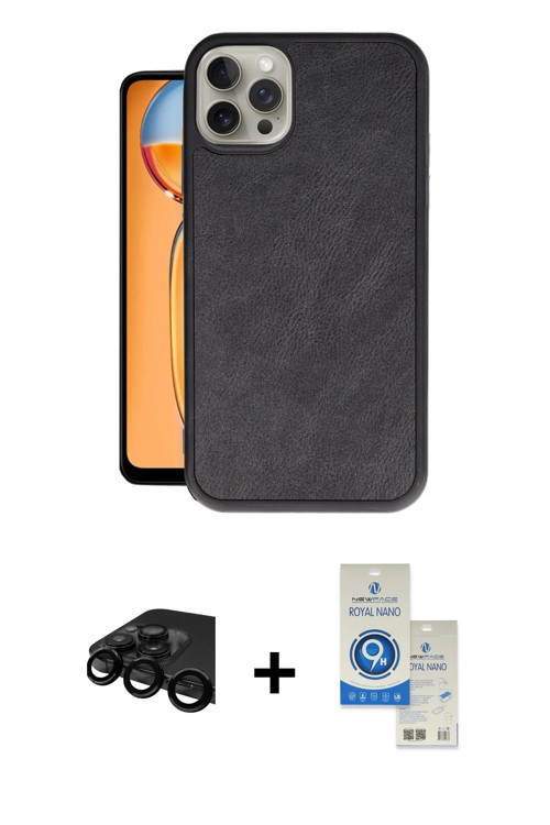 iPhone 15 Pro Kılıf Kıvılcım Işık Serisi - Şeffaf Royal Nano Ekran Koruyucu + Siyah Raze Metal