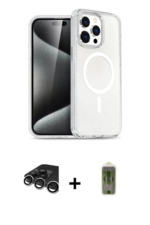 iPhone 15 Pro Kılıf Eksen Doku Koleksiyonu - Siyah Joko Magic 5D Hayalet Cam + Gümüş Raze Metal