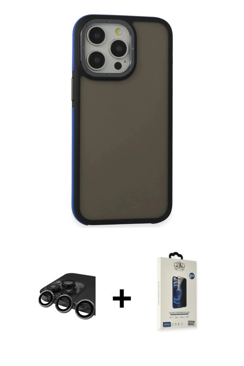 iPhone 15 Pro Kılıf Eksen Işık - Siyah Bilvis Hayalet Cam Ekran Koruyucu + Titanyum Gri Raze Me