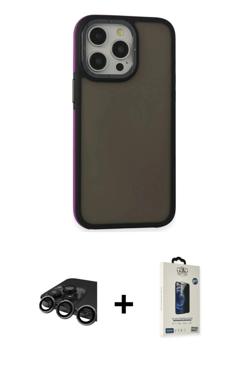 iPhone 15 Pro Kılıf Eksen Işık - Siyah Bilvis Hayalet Cam Ekran Koruyucu + Titanyum Gri Raze Me