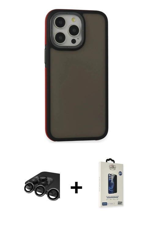 iPhone 15 Pro Kılıf Eksen Işık - Siyah Bilvis Hayalet Cam Ekran Koruyucu + Titanyum Gri Raze Me