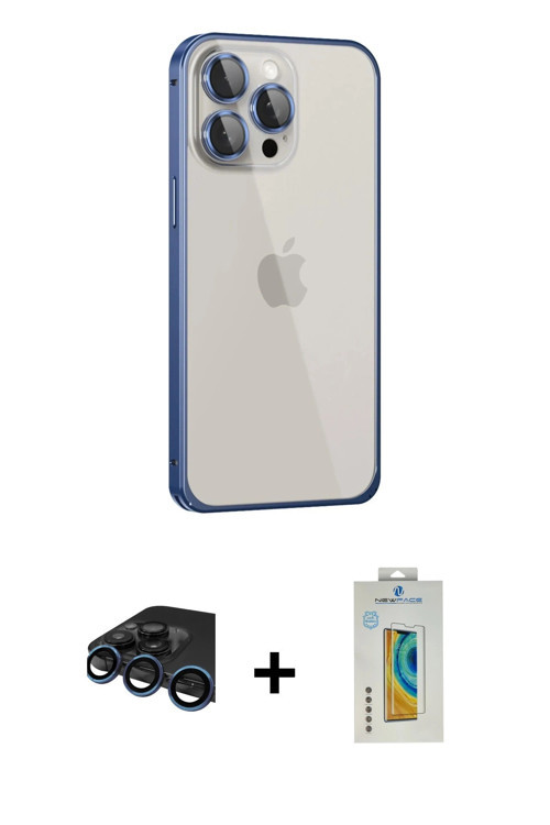 iPhone 15 Pro Kılıf Eksen Form Serisi - Siyah Polymer Nano Ekran Koruyucu + Lacivert Raze Metal