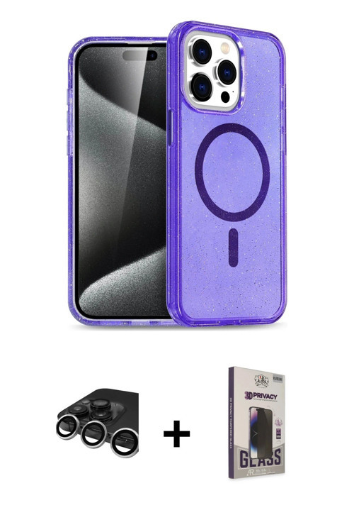iPhone 15 Pro Kılıf Eksen Doku Koleksiyonu - Siyah Bilvis Hayalet Cam Ekran Koruyucu + Gümüş Ra