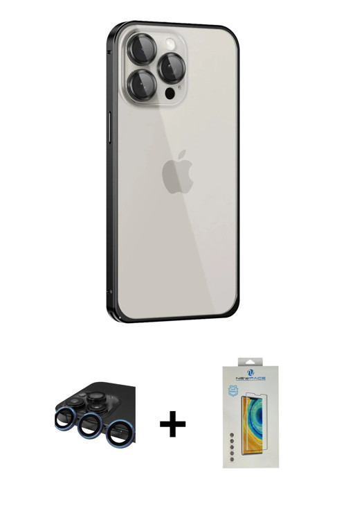 iPhone 15 Pro Kılıf Eksen Form Serisi - Siyah Polymer Nano Ekran Koruyucu + Lacivert Raze Metal