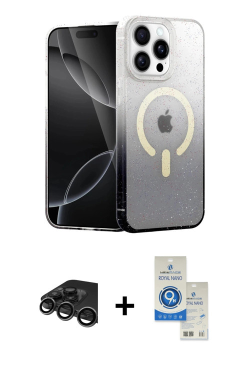 iPhone 15 Pro Kılıf Eksen Minimal Özel Seri - Şeffaf Royal Nano Ekran Koruyucu + Titanyum Gri R