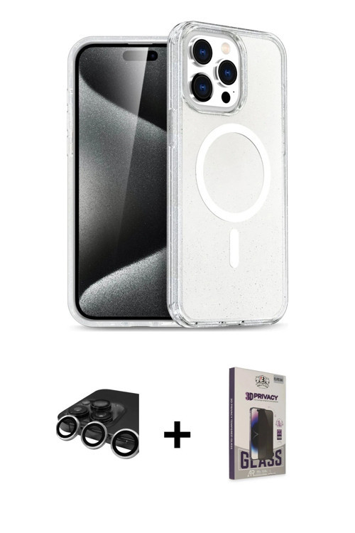 iPhone 15 Pro Kılıf Eksen Doku Koleksiyonu - Siyah Bilvis Hayalet Cam Ekran Koruyucu + Gümüş Ra