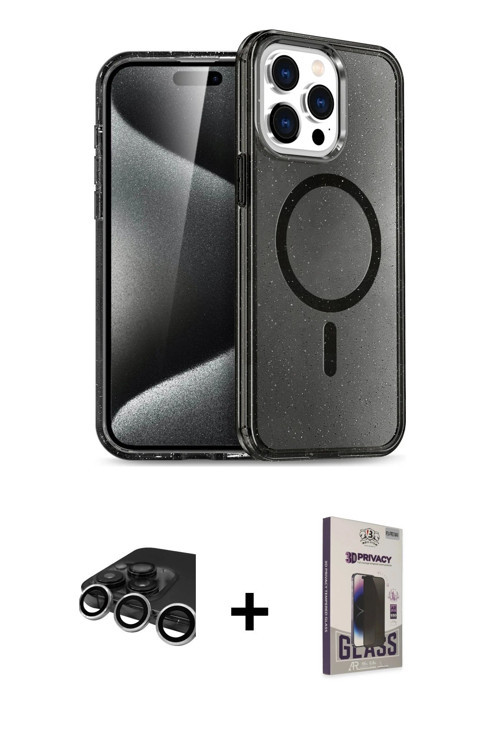 iPhone 15 Pro Kılıf Eksen Doku Koleksiyonu - Siyah Bilvis Hayalet Cam Ekran Koruyucu + Gümüş Ra