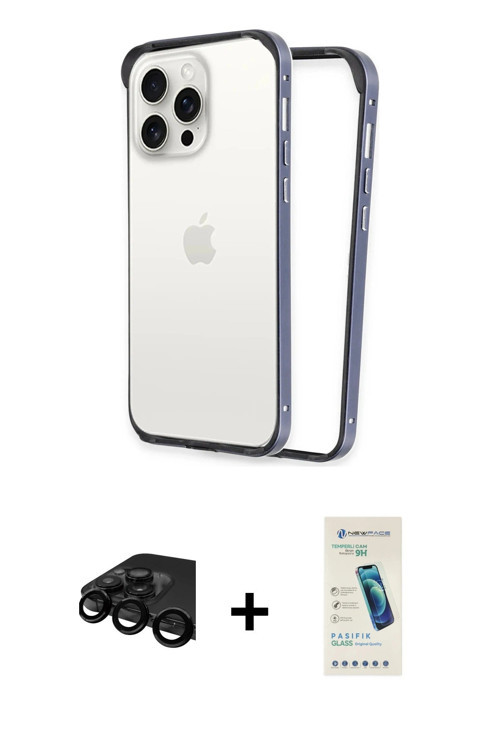 iPhone 15 Pro Kılıf Pusula Asil Koleksiyonu - Şeffaf Pasifik Cam Ekran Koruyucu + Siyah Raze Me